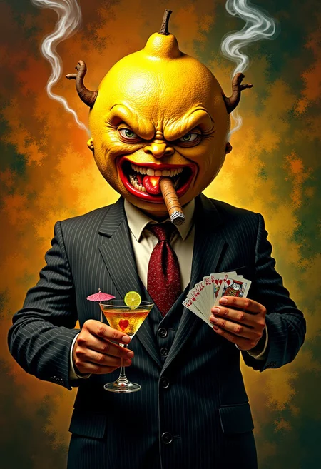 Surreal portrait of a man, but his head is a large, textured lemon with an exaggerated, wide, angry mouth. He’s biting down on a thick, smoldering cigar, the tip glowing fiercely with red and orange embers, casting an ominous light on his lemony skin. Smoke curls dramatically around him, forming abstract shapes in the air. His suit is a sharp pinstripe, but his tie is comically skewed. In one hand, he’s holding a martini glass with a tiny umbrella and a wedge of lime, and in the other, a deck of playing cards mid-shuffle. The background is a vibrant swirl of oranges, yellows, and greens, adding to the absurd, chaotic energy.