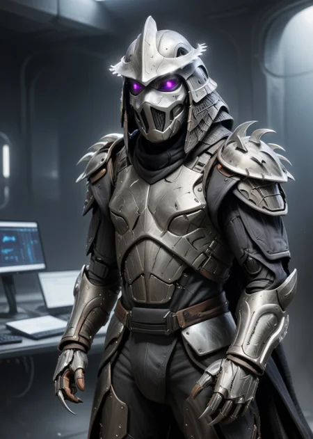 ((full body shot :1.3)) a highres photo of a TMNTShredder 1man armored samurai knight with claw gauntlets, wearing a futuristic full armor outfit with pauldrons and futuristic metal samurai helmet with mask and armored boots, his helmet has a dark visor hiding his eyes, his outfit has some purple throughout his ensemble, in a futuristic facility filled with computers and futuristic machines, <lora:90s_TMNT_Shredder_SDXL:0.8> <lora:compb0t:1>