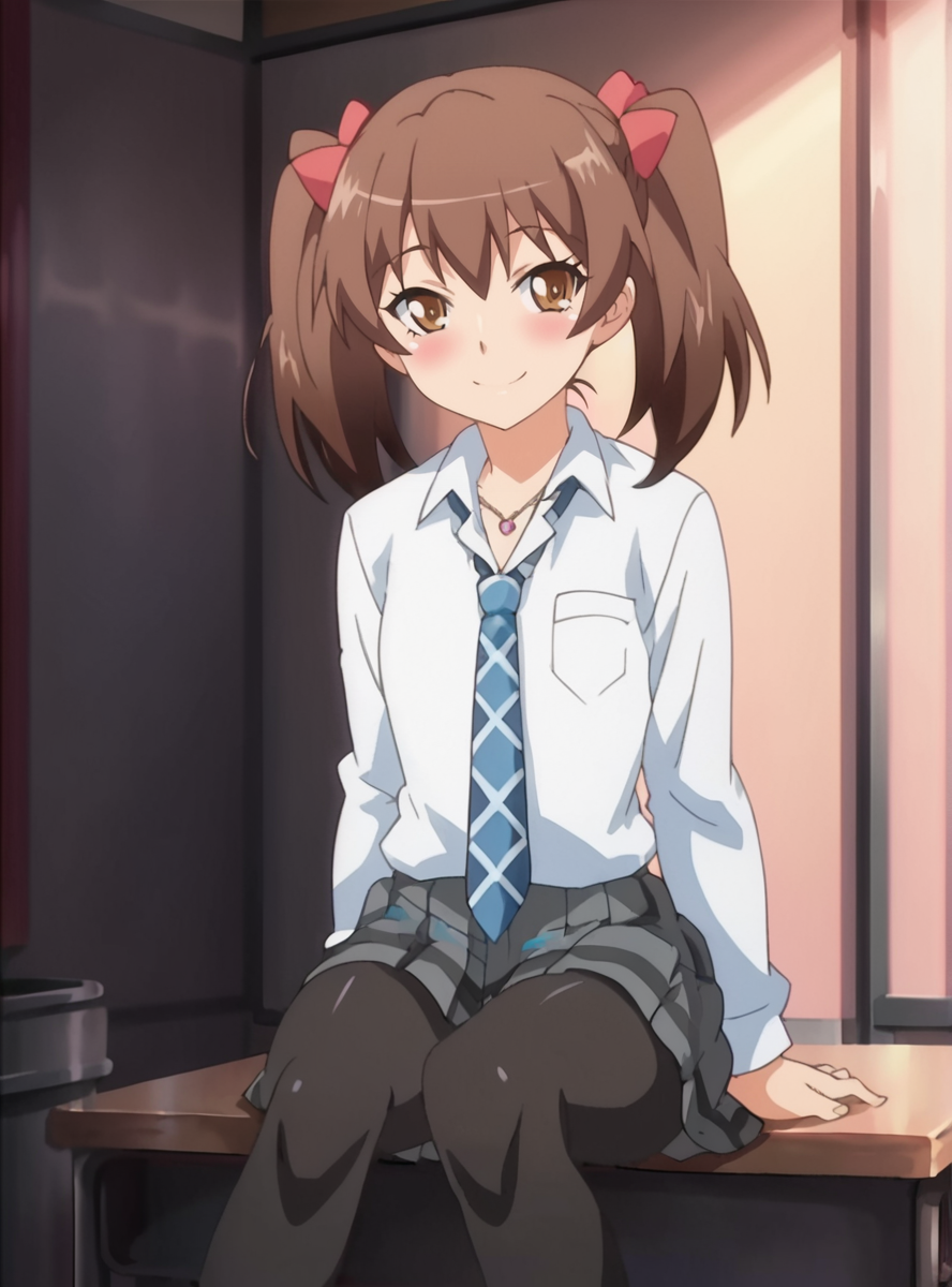 score_9, score_8_up, score_7_up, score_6_up, source_anime, anime screencap  <lora:hanazawa_airi:0.8>hanazawa_airi, 1girl, brown hair, twintails, blush, brown eyes, solo,skirt, school uniform,  smile, pantyhose, smile,necktie,