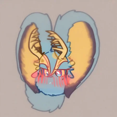 Fecto Elfilis, blue fur, multicolored eyes, head wings, antlers, yellow fur, colored sclera, fluffy tail, blush lines