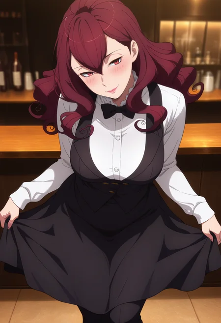 masterpiece, best quality, amazing quality, 1girl, solo, femieanneww, mature female, red eyes, red hair, long hair, curly hair, hair between eyes, lipstick, (waitress, waiter:1.2), formal, black vest, white shirt, sleeves past fingers, sleeves past wrists, long sleeves, black pants, apron, black bow, black bowtie, buttons, [shoes], <lora:Aldnoah_Zero_Femieanne_ill:1>, front view, curtsey, arms at side, lifting own clothes, clothes hold, head tilt, leaning forward, looking at viewer, seductive smile, blush, outdoors, skindentation, detailed clothing folds, depth of field, sharp, high contrast, dynamic light