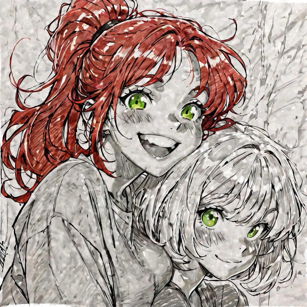 easynegative, NegfeetV2, ng_deepnegative_v1_75t, doubledeestyle, graphite (medium), pencil sketch, greyscale, colored accents, monochrome, traditional style, cross-hatching, soft shading, stylized anatomy, soft grain texture, head to chest shot, portrait, young woman, wolf cut hair, red hair, ponytail along shoulder, green eyes, round eyes, blush marks, big smile, looking at camera