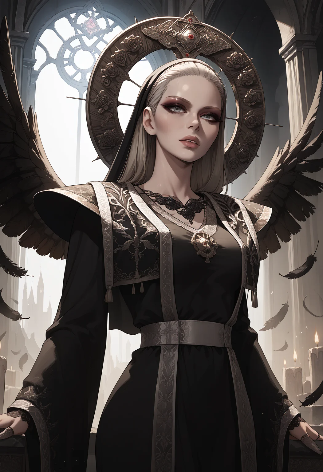 score_9, score_8_up, score_7_up, score_6_up, score_5_up, 4k, high quality, best quality, uncensored, <lora:add-detail-xl:2> ,<lora:StS_PonyXL_Detail_Slider_v1.4_iteration_3:4>, <lora:NM_re_miranda:1>, BREAK NM_re_miranda, solo, 1girl, blue eyes, gray eyes, platinum blonde hair, long hair, breasts, medium breasts, slim waist, lips, makeup, halo, jewelry, necklace, ring, black veil, dress, black dress, long sleeves, robe, lace, looking at viewer, wings, black wings, feathers, feathered wings, soft skin, innocent look, full lips, dark eyeshadow, pale skin, open robe, BREAK gothic castle, stone table, bright light, body glow, church, chapel, side view, <lora:incase-ilff-v3-4:0.65>