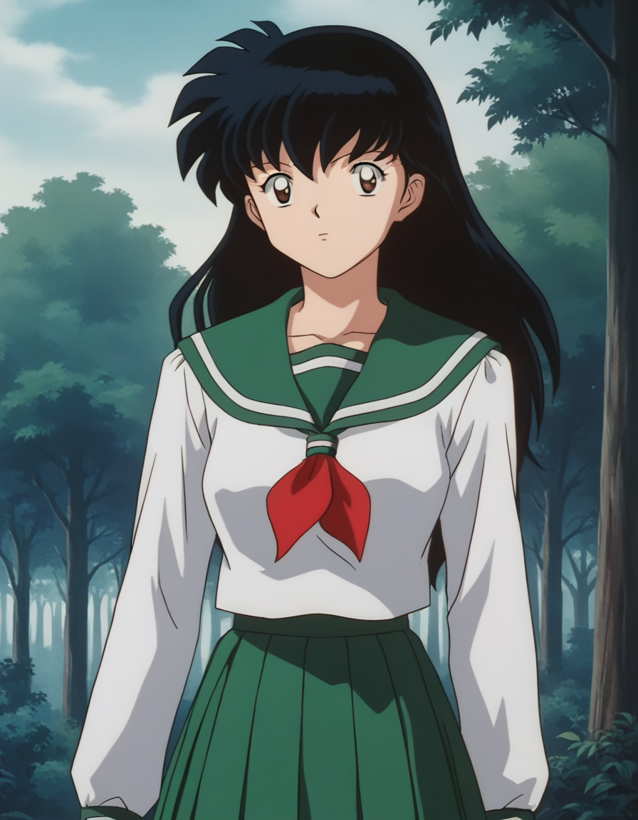 score_9, score_8_up, score_7_up, source_anime,
kagomehigurashi, <lora:kagome-higurashi-ponyxl-lora-nochekaiser:1>,
kagome higurashi, long hair, black hair, retro artstyle, brown eyes,
skirt, shirt, long sleeves, school uniform, white shirt, pleated skirt, serafuku, sailor collar, neckerchief, green skirt, red neckerchief,
outdoors, forest, nature,
looking at viewer,