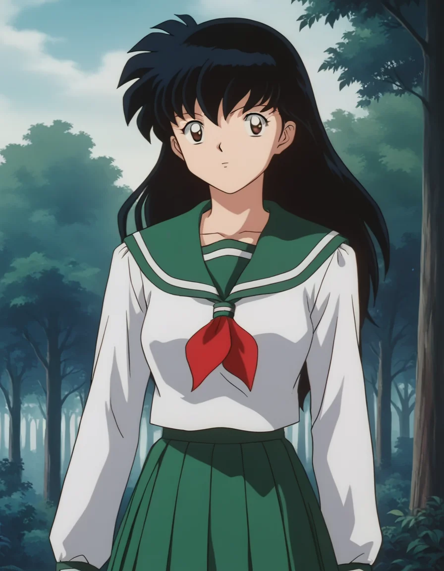 score_9, score_8_up, score_7_up, source_anime,
kagomehigurashi, <lora:kagome-higurashi-ponyxl-lora-nochekaiser:1>,
kagome higurashi, long hair, black hair, retro artstyle, brown eyes,
skirt, shirt, long sleeves, school uniform, white shirt, pleated skirt, serafuku, sailor collar, neckerchief, green skirt, red neckerchief,
outdoors, forest, nature,
looking at viewer,