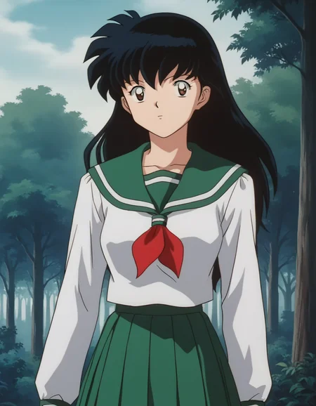 score_9, score_8_up, score_7_up, source_anime,
kagomehigurashi, <lora:kagome-higurashi-ponyxl-lora-nochekaiser:1>,
kagome higurashi, long hair, black hair, retro artstyle, brown eyes,
skirt, shirt, long sleeves, school uniform, white shirt, pleated skirt, serafuku, sailor collar, neckerchief, green skirt, red neckerchief,
outdoors, forest, nature,
looking at viewer,