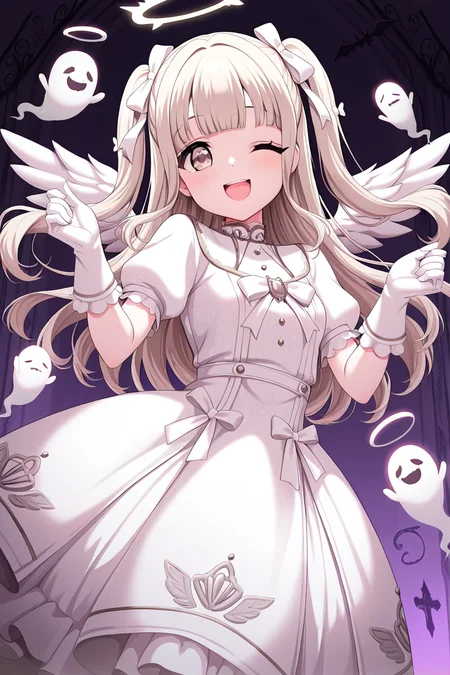 masterpiece, best quality, amazing quality,
<lora:Kurumi_IL:1> kurumi, 1girl, one eye closed, dress, gloves, white gloves, long hair, smile, two side up, halo, open mouth, ghost, brown eyes, wings, solo, looking at viewer, bangs, white dress
