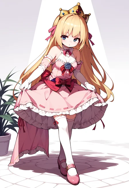 score_9, score_8_up, score_7_up,source_anime,anatomically correct,best perspective BREAK
1girl, solo,
<lora:PrincessRutee:1> rutee, blonde hair, long hair, blue eyes, thighhighs, dress, pink dress, crown, gloves, elbow gloves, white gloves, ribbon, detached sleeves, pink footwear, <lora:skirt_hold_bowing_d16:1> skirt hold bowing,crossed legs,leaning forward