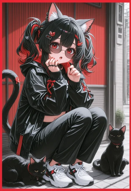 ,1girl, solo, long hair, looking at viewer, open mouth, black hair, hair ornament, red eyes, animal ears, jewelry, twintails, jacket, tail, braid, multicolored hair, shoes, glasses, pants, hairclip, midriff, cat ears, nail polish, open jacket, animal ear fluff, cat tail, black pants, border, piercing, sunglasses, ring, cat, ear piercing, sneakers, hooded jacket, red nails, side braid, round eyewear, barcode, red border,,masterpiece,best quality,newest,absurdres,highres,very awa,detail background 
