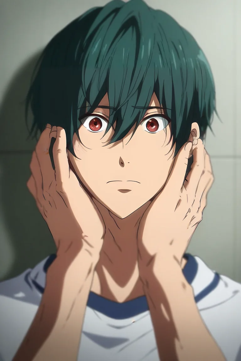 score_9, score_8_up, score_7_up, source_anime, (realistic:0.6), , upper body, depth of field, 1boy, solo, male focus, <lora:ikuya_kirishima_pony:0.78>, ikuya_kirishima, green hair, red eyes, hair between eyes, short hair, bangs, , , cubicle, Hands on cheeks, displaying surprise, <lora:sdxl_lightning_8step_lora:1>