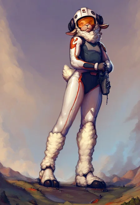 score_9, score_8_up, score_7_up, score_6_up, (source_furry), sheep, anthro, female, macro, giga, micro, androgynus, continent with micro cities, landscape dwarfing, a hvyflamer weapon, flamer, full body white fireproof suit, helmet, tinted visor, (long sheep tail), scifi suit, by nommz