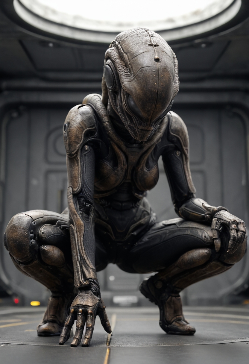 1alien girl, transparent upper body, robotic legs, octopus hair, snake skin texture, in alien space craft, squatting, 
full body shot, from below, hard shadows, dark mood, science fiction,, (1960's mood, glitchcore,  moody light, analog, soft, vignetting, by Norman Parkinson, made with Beier Beirette:1.45),, bokeh, realistic, detailed skin textures, masterpiece, 4k, perfection, rating_explicit, photography, natural