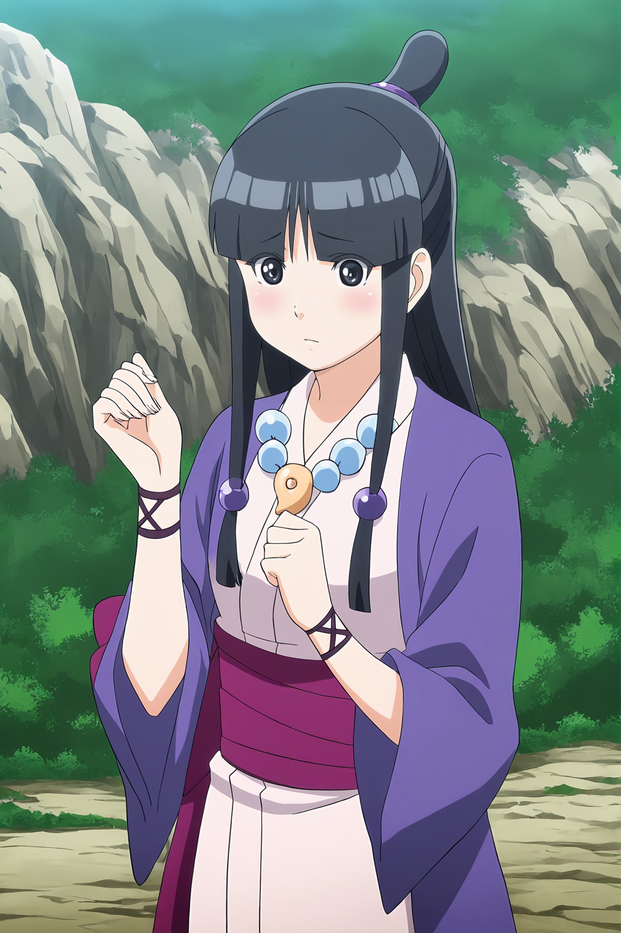 anime screencap,anime coloring,detailed face,masterpiece,best quality,very aesthetic,absurdres,amazing quality,ultra detailed,highres,amazing quality,scenery,beautiful detailed hair,beautiful detailed eyes,official anime artwork,<lora:Maya Fey-IL V1:1>,Maya Fey,1girl,solo,black hair,japanese clothes,long hair,magatama,jewelry,necklace,half updo,kimono,hair ornament,sash,blunt bangs,black eyes,