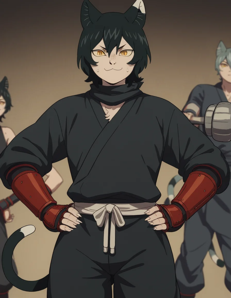 score_9, score_8_up, score_7_up, source_anime, <lora:izutsumi-s1-ponyxl-lora-nochekaiser:1>, izutsumi, black hair, animal ears, tail, yellow eyes, cat ears, cat tail, cat girl, slit pupils,, japanese clothes, gauntlets, ninja, black shirt, black pants,, gym, weights, machines, people, sweat, smile, smug, hands on own hip,, looking at viewer, solo,, dutch angle, cowboy shot