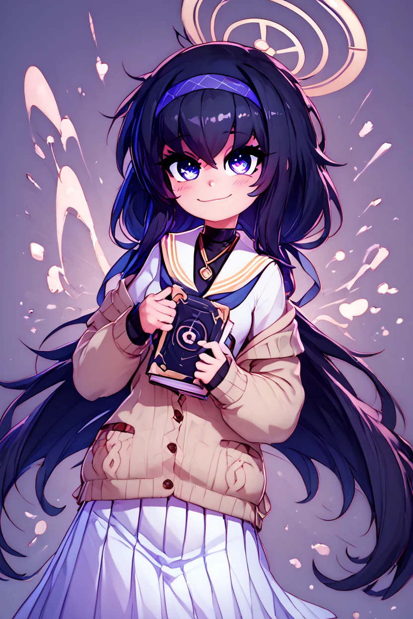 score_9, score_8_up, score_8, medium breasts, (curvy), cute, eyelashes, BREAK, , ,,, zzUi, long hair, black hair, hairband, halo, bags under eyes, hair between eyes, blue hairband, very long hair, blue eyes, purple eyes, cardigan, long sleeves, pleated skirt, white skirt, holding book, white sailor collar, blue neckerchief, necklace, blush, white serafuku, long skirt, sweater, low twintails, off shoulder, <lora:Ui_BlueArchive_PDXL:1.0>, ,,,, BREAK, smile, closed mouth, looking at viewer, cowboy shot, ,,, embedding:zPDXL, Expressiveh, ,,, <lora:MantisStyle_PDXL_v2:0.8>, <lora:SDXLFaeTastic2400:0.5>, <lora:Expressive_H-000001:0.4>,
