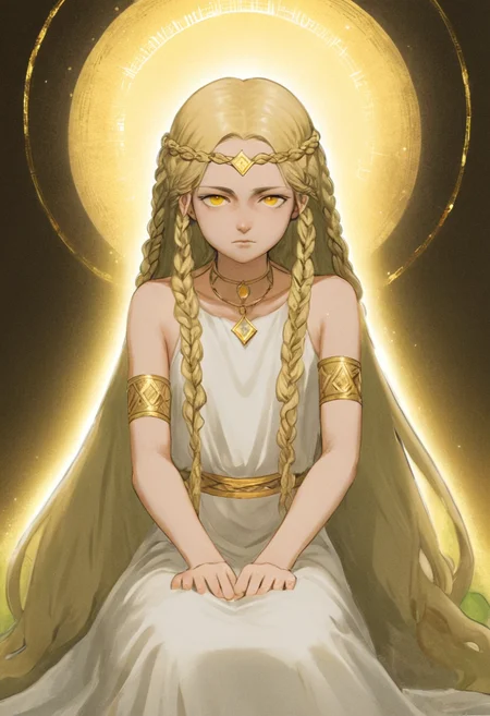 insanely dynamic illustration of boy, long hair, miquella, blonde hair, braid, solo, dress, very long hair, white dress, male focus, yellow eyes, closed mouth, looking at viewer, sitting, otoko no ko, circlet, jewelry, armlet, bare shoulders, green eyes. best quality, high resolution. crazy artstyle, careless brushstrokes, emotional and fun, boy, long hair, miquella, blonde hair, braid, solo, dress, very long hair, white dress, male focus, yellow eyes, closed mouth, looking at viewer, sitting, otoko no ko, circlet, jewelry, armlet, bare shoulders, green eyes, modern, new classic, cinematic, beautiful, intricate, dramatic striking, highly