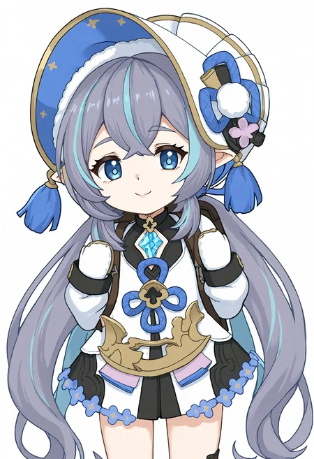 <lora:Hyper-SDXL-8steps-lora:1> score_9, score_8_up, score_7_up, best quality, uncensored, source_anime,
BREAK
front view, little smile, closed mouth, standing, facing viewer, cowboy shot, looking at viewer, waving, white background,
no background, white background, 1girl, (blush:-1.2),
<lora:GBF-uruki_XL(pony)v10:1> uruki \(granblue fantasy\), harvin, purple hair, multicolored hair, low twintails, blue eyes, bonnet, hat tassel, dress, long sleeves, mittens, backpack, footwear,