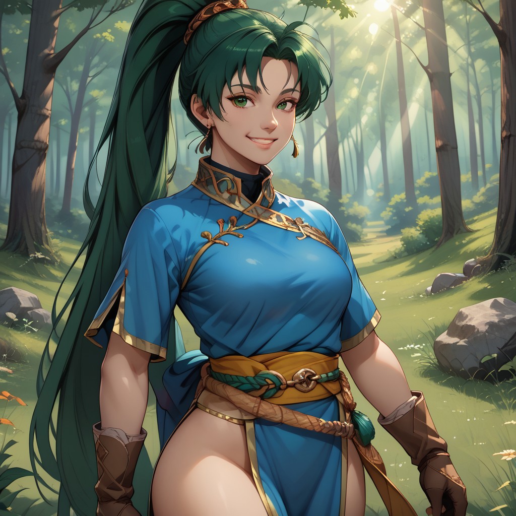 score_9, score_8, BREAK, solo, 1 Girl, long green hair in a high ponytail, blue tunic, pelvic curtain sash, long flowing side slits, brown leather boots, brown gloves, gold belt, wearing thigh-high boots with intricate designs, sexy pose, self portrait, smile, looking at viewer, outdoors, sunlight, shadows, evening lighting, natural lighting, forest, trees, grass, orange sky, sunset