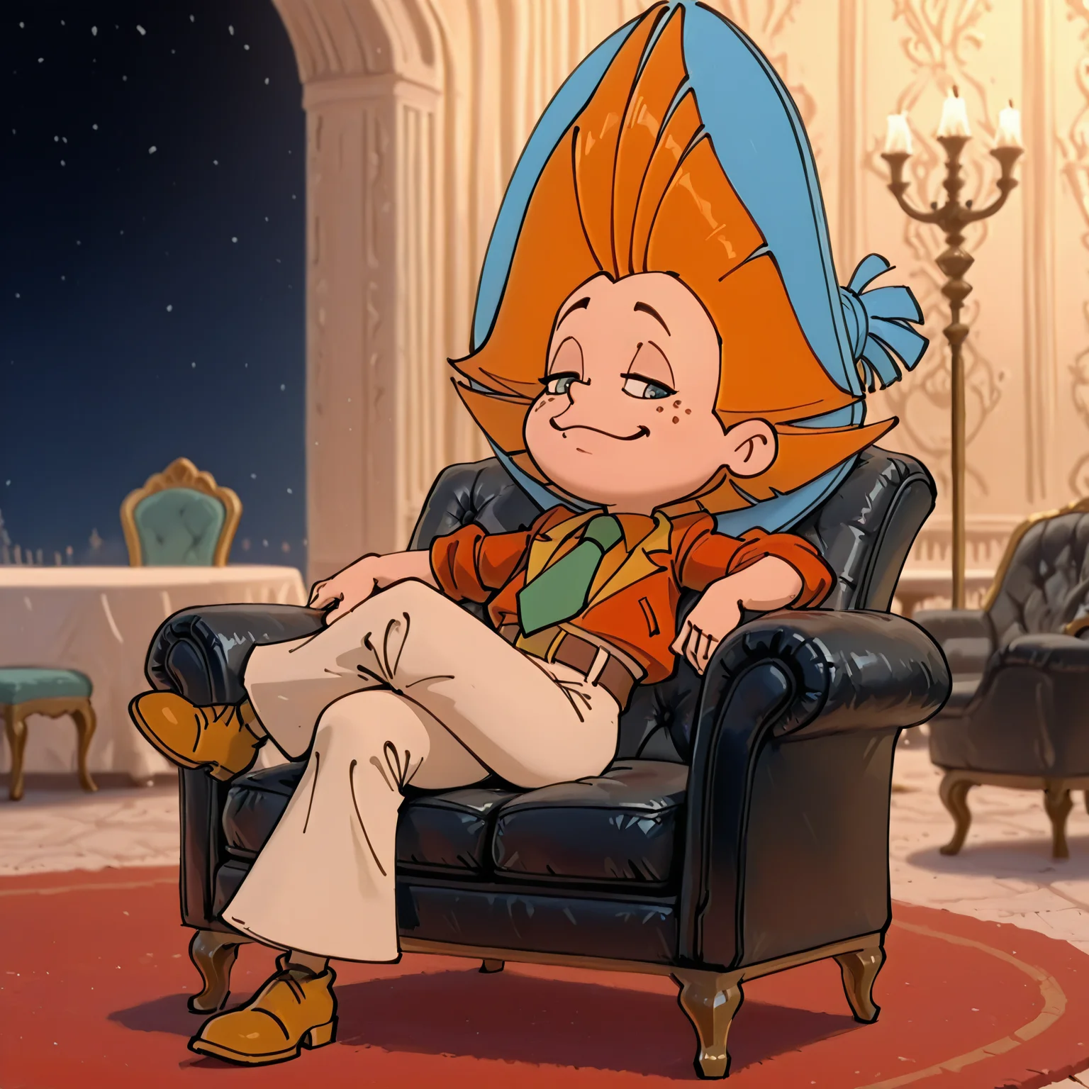 <lora:Neznajka:1>, (rich colors:1.3), <lora:aidmaMJ6.1_v0.5_IL:0.8> <lora:princess_xl_v2:0.7>, blue hat, Neznajka, jacket, 1boy, necktie, solo, belt, smug, beige wide pants, sitting, cartoon, lazy, chair, sits with legs crossed, black sofa, luxurious background, palace