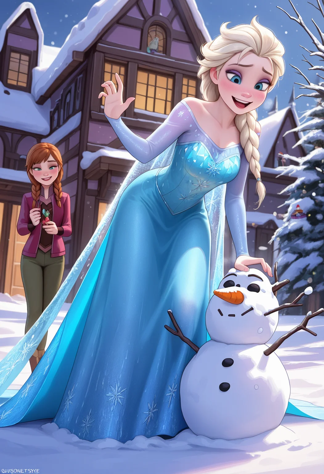 masterpiece, best quality, amazing quality, ,<lora:sunstoneIllustrious:1> sunstonestyle,
2girls,, elsa \(frozen\), anna \(frozen\),building a snowman, <lora:All_Disney_Princess_-_Illustrious:0.3>