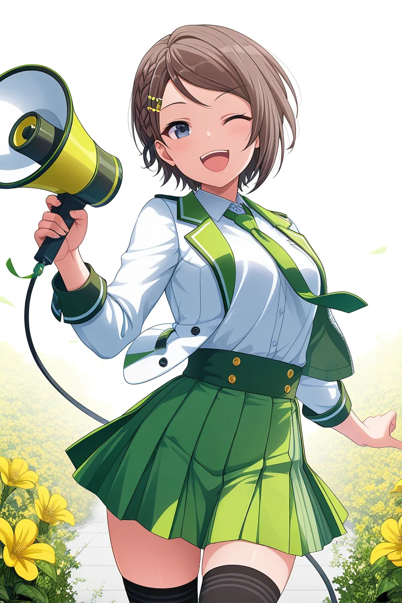 masterpiece, best quality, amazing quality,
<lora:Suzu_IL:1> suzu, one eye closed, 1girl, skirt, necktie, hair ornament, hairclip, smile, short hair, open mouth, ;d, brown hair, thighhighs, pleated skirt, yellow flower, flower, jacket, solo, megaphone, braid, shirt, green skirt, green necktie, looking at viewer, white shirt, long sleeves