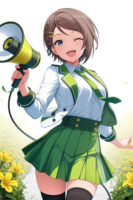 masterpiece, best quality, amazing quality,
<lora:Suzu_IL:1> suzu, one eye closed, 1girl, skirt, necktie, hair ornament, hairclip, smile, short hair, open mouth, ;d, brown hair, thighhighs, pleated skirt, yellow flower, flower, jacket, solo, megaphone, braid, shirt, green skirt, green necktie, looking at viewer, white shirt, long sleeves