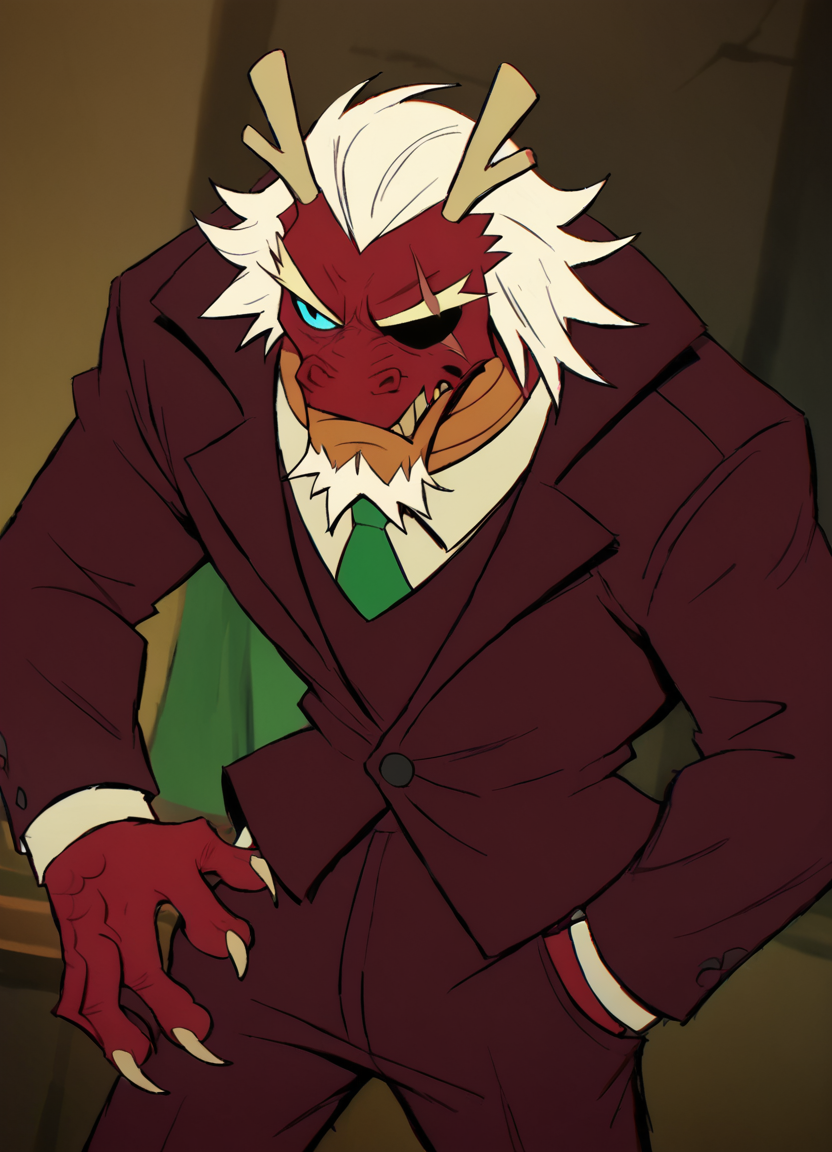 <lora:BruceTMNTpony1.0:0.8> bruce, male focus, antlers, eastern dragon, eyepatch, 1boy, solo, white hair, facial hair, red skin, beard,claws,  formal, red suit, blue eyes, green necktie, score_9, score_8_up, score_7_up, score_6_up, score_5_up, score_4_up frown, scar, cowboy shot,pants,hand in pocket, fang, sharp teeth, profile,