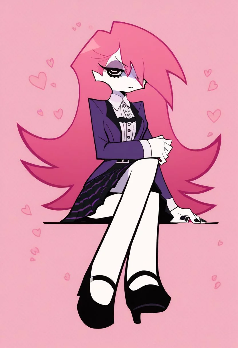 score_9, score_8_up, score_7_up, score_6_up, score_5_up, score_4_up,
BREAK
1girl, pale skin, pink hair, black eyes, hair covering left eye, long hair, straight hair
BREAK
solo, sitting, crossed legs, skirt, frilly white shirt, purple jacket, black shoes, purple garterbelt,
BREAK
white and pink heart pattern background, simple background, Panty & Stocking style, Thick lineart, sharp edges