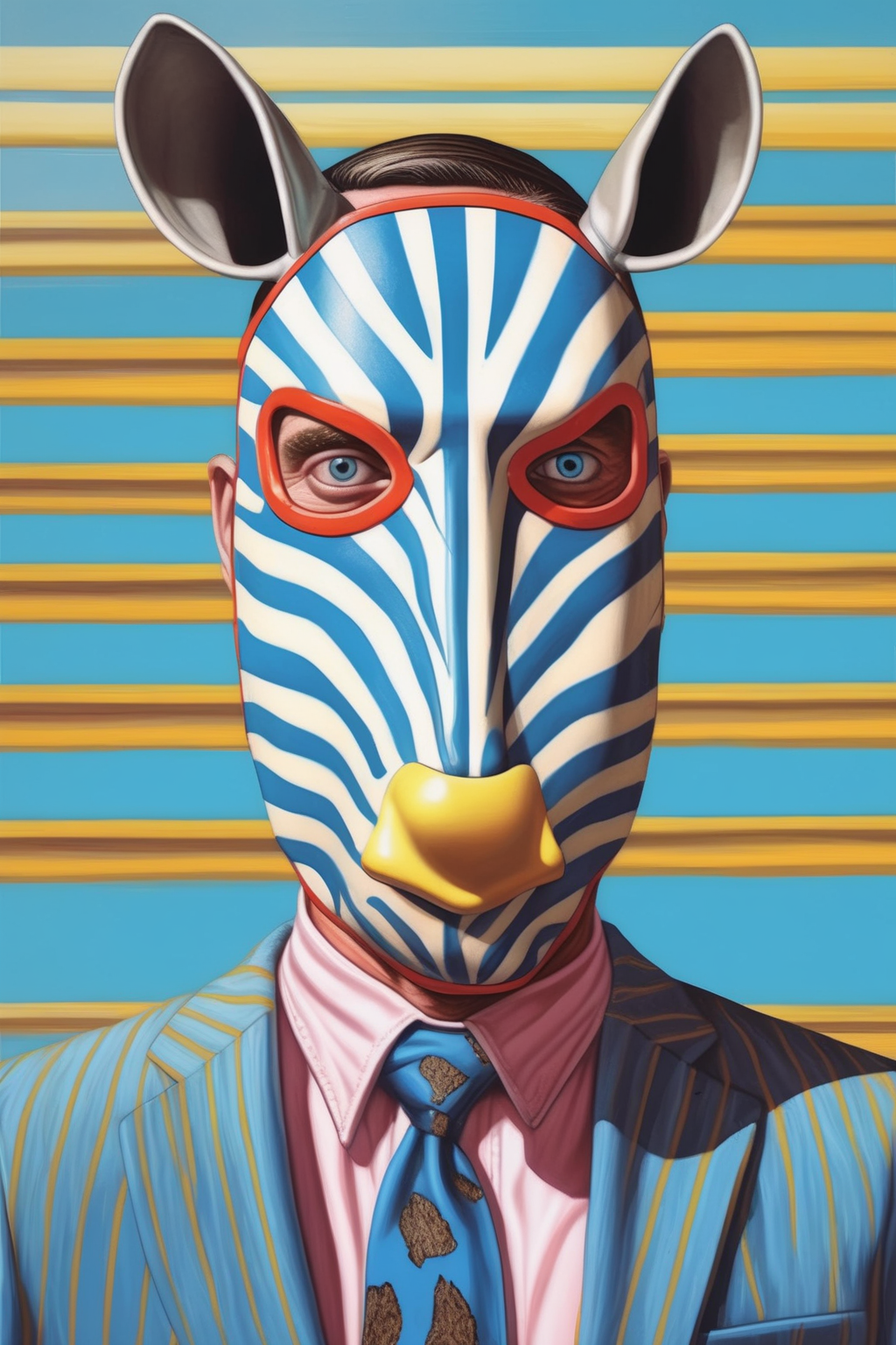 <lora:Alex Gross Style:1>Alex Gross Style - man with blue zebra mask, comic book illustration, 4k highly detailed high definition bright colours photorealism wes anderson rule of thirds