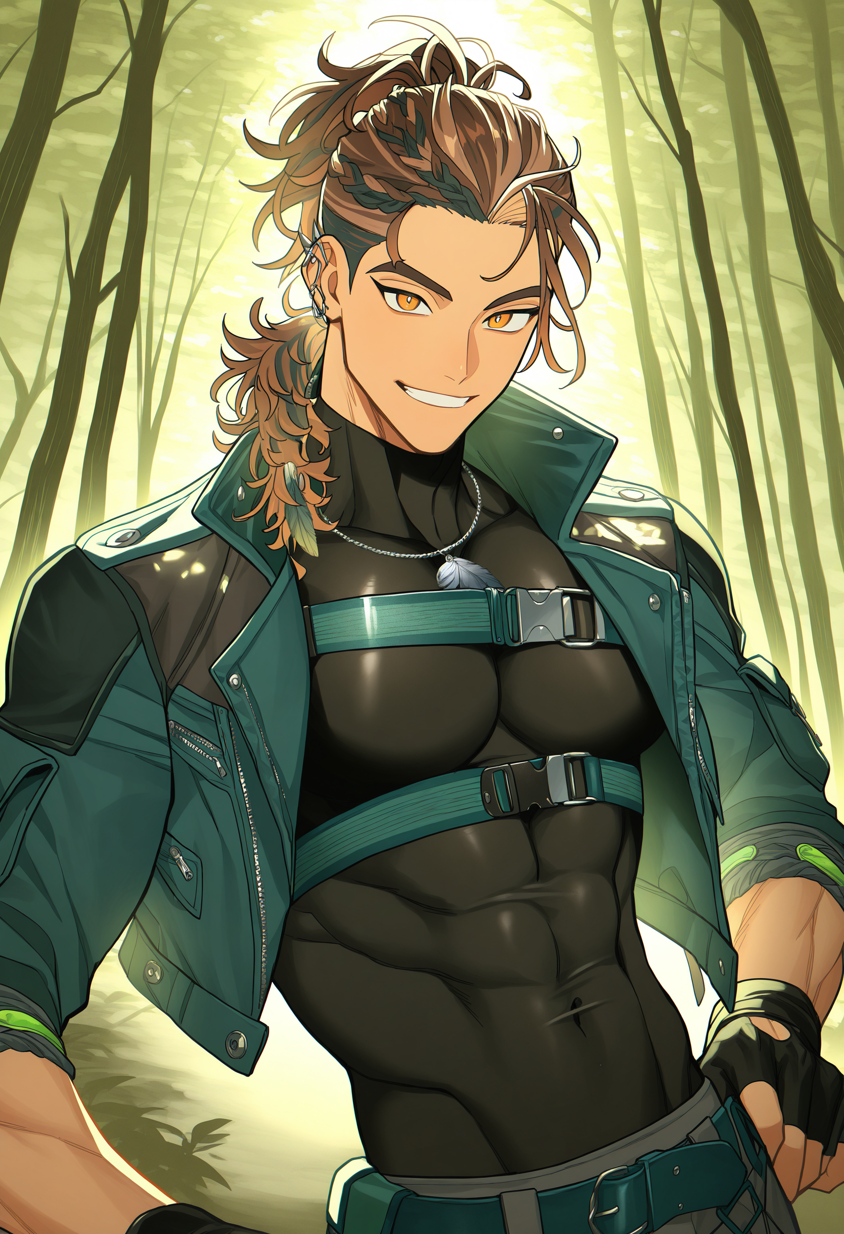 goldbullet, 1boy, male focus, solo, brown hair, black gloves, fingerless gloves, multicolored hair, black shirt, braid, covered abs, earrings, ear piercing, open jacket, necklace, green belt, tight shirt, ponytail, pectorals, yellow eyes, tight clothes, chest belt, muscular male, covered navel, orange eyes, skin tight, cropped jacket,
smile, teeth, looking at viewer, forest, feathers,
masterpiece, best quality, very aesthetic, absurdres
<lora:holostars_allmems_illustrious_v1:1>
<lora:illustrious_noobai_epsilon_pred_1_masterpieces_v1:1>