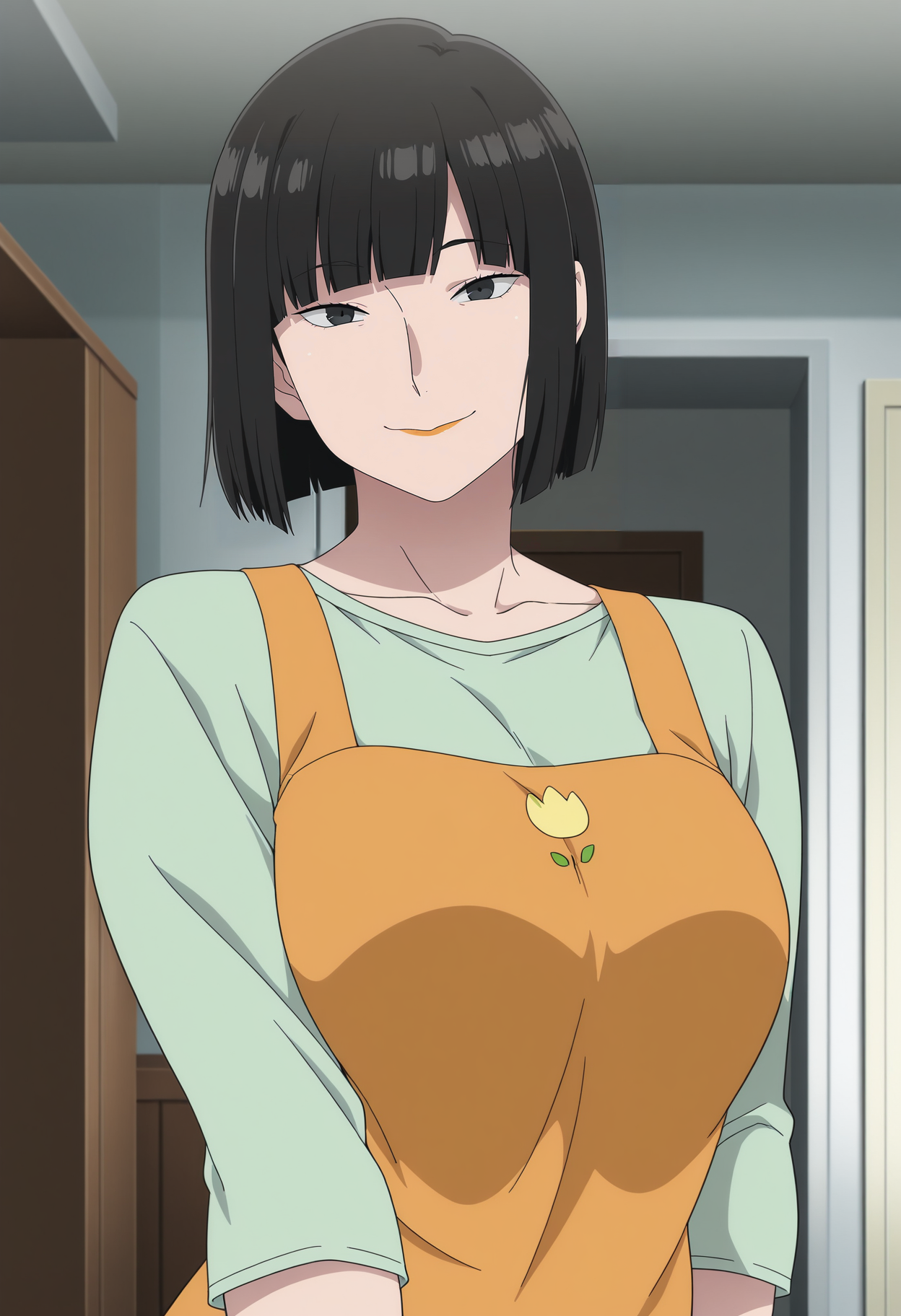 1girl,solo,mm,mature female,black hair,short hair,bangs,bob cut,black eyes,anime coloring,
shirt,upper body,looking at viewer,smile,indoors
,masterpiece,best quality,amazing quality,<lora:Mayu_Ooba-Blue_Period:0.8>