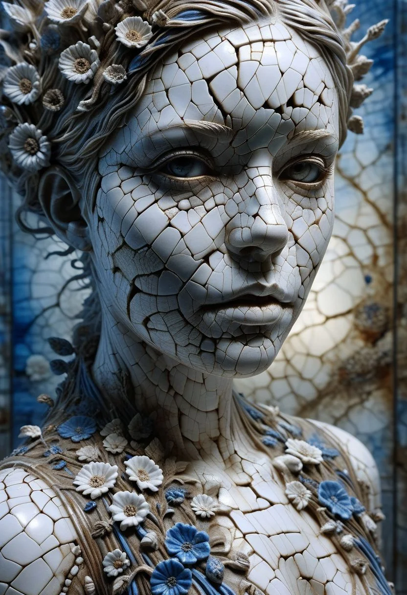 Close-up porcelain face, mysterious silhouette of a porcelain woman in worn down porcelain clothing, white and blue porcelain, alluring goddess, by Minjae Lee, Carne Griffiths, Emily Kell, Steve McCurry, Geoffroy Thoorens, Aaron Horkey, Jordan Grimmer, Greg Rutkowski, amazing depth, double exposure, surreal, geometric patterns, intricately detailed, bokeh, perfect balanced, deep fine borders, artistic photorealism , smooth, great masterwork by Suiras <lora:add-detail-xl:2> <lora:Double_Exposure:0.5>