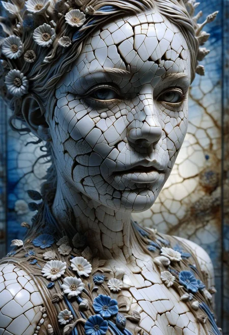 Close-up porcelain face, mysterious silhouette of a porcelain woman in worn down porcelain clothing, white and blue porcelain, alluring goddess, by Minjae Lee, Carne Griffiths, Emily Kell, Steve McCurry, Geoffroy Thoorens, Aaron Horkey, Jordan Grimmer, Greg Rutkowski, amazing depth, double exposure, surreal, geometric patterns, intricately detailed, bokeh, perfect balanced, deep fine borders, artistic photorealism , smooth, great masterwork by Suiras <lora:add-detail-xl:2> <lora:Double_Exposure:0.5>