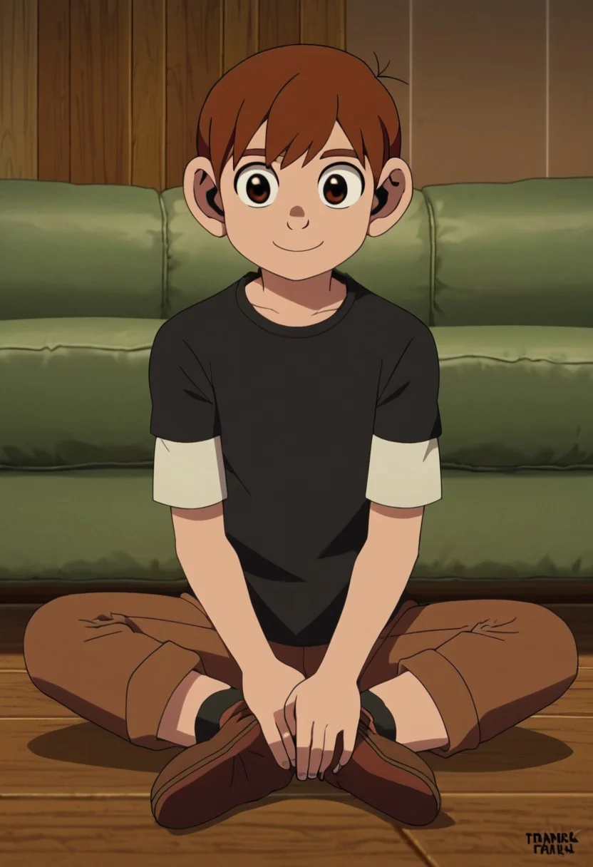 chilchuck_tall, chilchuck_tims, brown hair, brown eyes, solo, at living room, sit on crotch, playing console game, happy expression, wear shirt with teddy bear logo, easynegative, ng_deepnegative_v1_75t, negative_hand