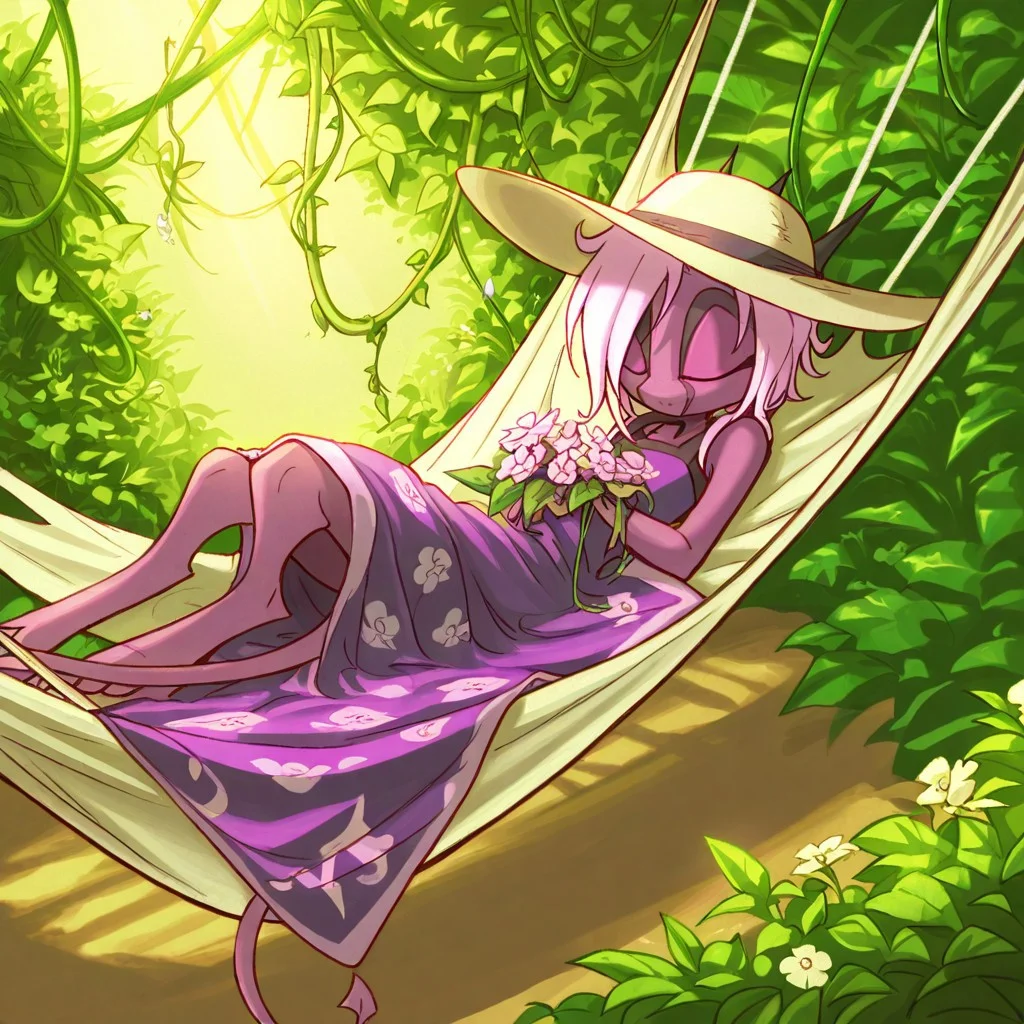 score_9, score_8_up, score_7_up,namah_calah,
1girl,solo,furry,tail, source_furry,horns,
,<lora:namah_calah_illustrious:0.8>,
child, kid,
flower_hammock, floral_blanket, sunhat, serene_expression, garden_background, soft_lighting, blooming_vines, dreamy_vibes, lazy_afternoonm napping in a hammock woven with flowers, her hat tipped over her eyes. Blooms cascade around her as sunlight filters through leaves.