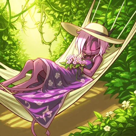 score_9, score_8_up, score_7_up,namah_calah,
1girl,solo,furry,tail, source_furry,horns,
,<lora:namah_calah_illustrious:0.8>,
child, kid,
flower_hammock, floral_blanket, sunhat, serene_expression, garden_background, soft_lighting, blooming_vines, dreamy_vibes, lazy_afternoonm napping in a hammock woven with flowers, her hat tipped over her eyes. Blooms cascade around her as sunlight filters through leaves.