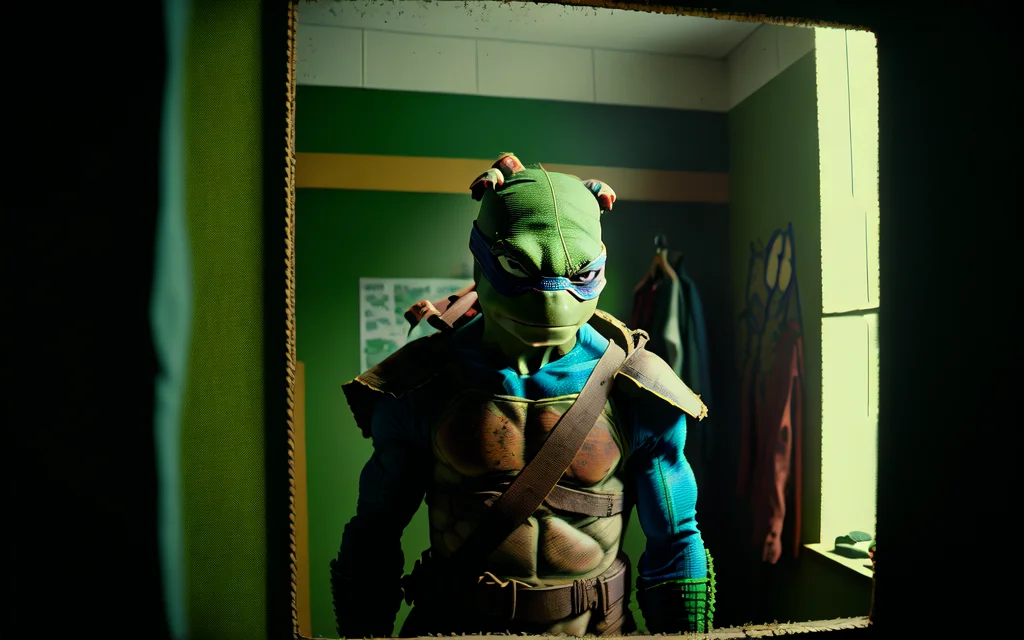 analog style photo of a teenage mutant ninja turtle in it's dressing room, contemplative moment, looking in the mirror unsure of themselves