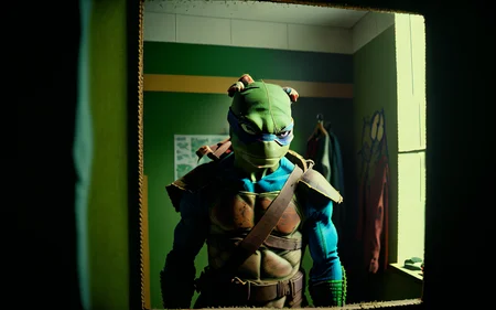 analog style photo of a teenage mutant ninja turtle in it's dressing room, contemplative moment, looking in the mirror unsure of themselves