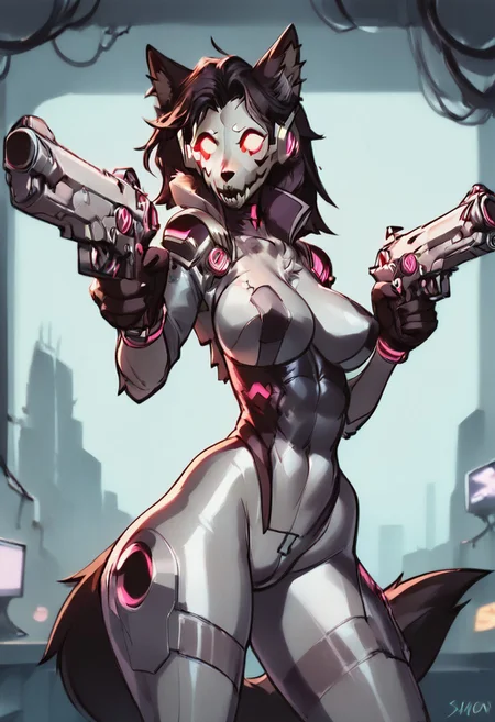 curvy ,score_9, score_8_up, score_7_up, High resolution, High quality, Ultra-detailed, anthro, canine, scp-1471, scp-1471-a, mal01471, black fur, protogen, protogen visor, furry, slender body, ((shiny metallic skin)), bracelet, long messy hair, long hair, black hair, neo city nighttime, beautiful, ((tall legs))), hourglass body, glorious, shiny skin, big waistbelt Beautyful patterns, accessories, voluptuous, curvy, massive woman, (((cyberpunk, net runner suit))), digitigrade, paws, military suit, front view, dual pistol (full body view, dynamic poses view from different angles)