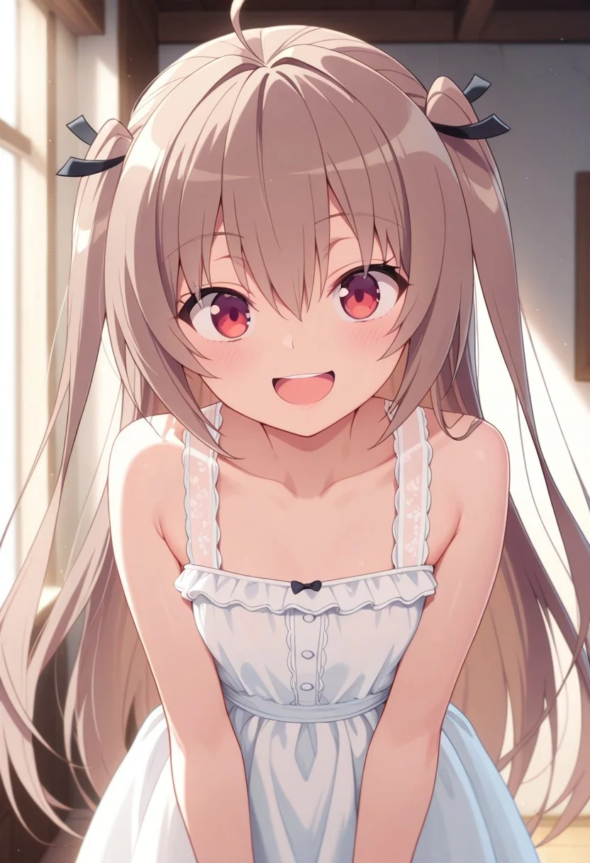 masterpiece,best quality,amazing quality, atri, long hair, brown hair, red eyes, 1girl, solo, smile, open mouth, looking at viewer, dress, two side up, collarbone, ahoge, hair between eyes, white dress, sleeveless, ribbon, hair ribbon