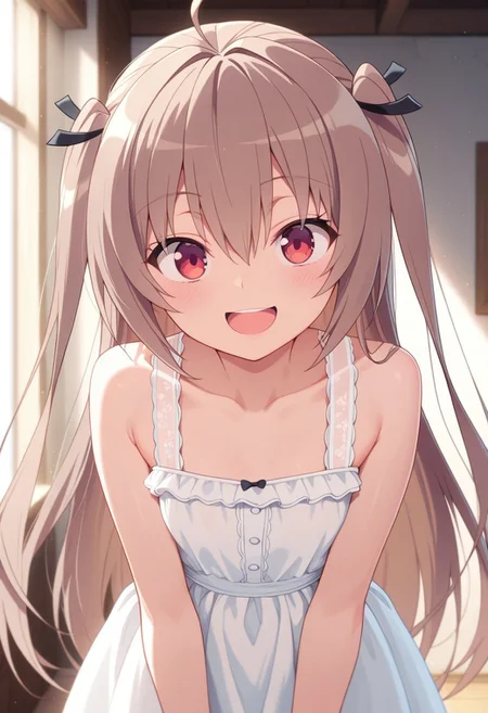 masterpiece,best quality,amazing quality, atri, long hair, brown hair, red eyes, 1girl, solo, smile, open mouth, looking at viewer, dress, two side up, collarbone, ahoge, hair between eyes, white dress, sleeveless, ribbon, hair ribbon