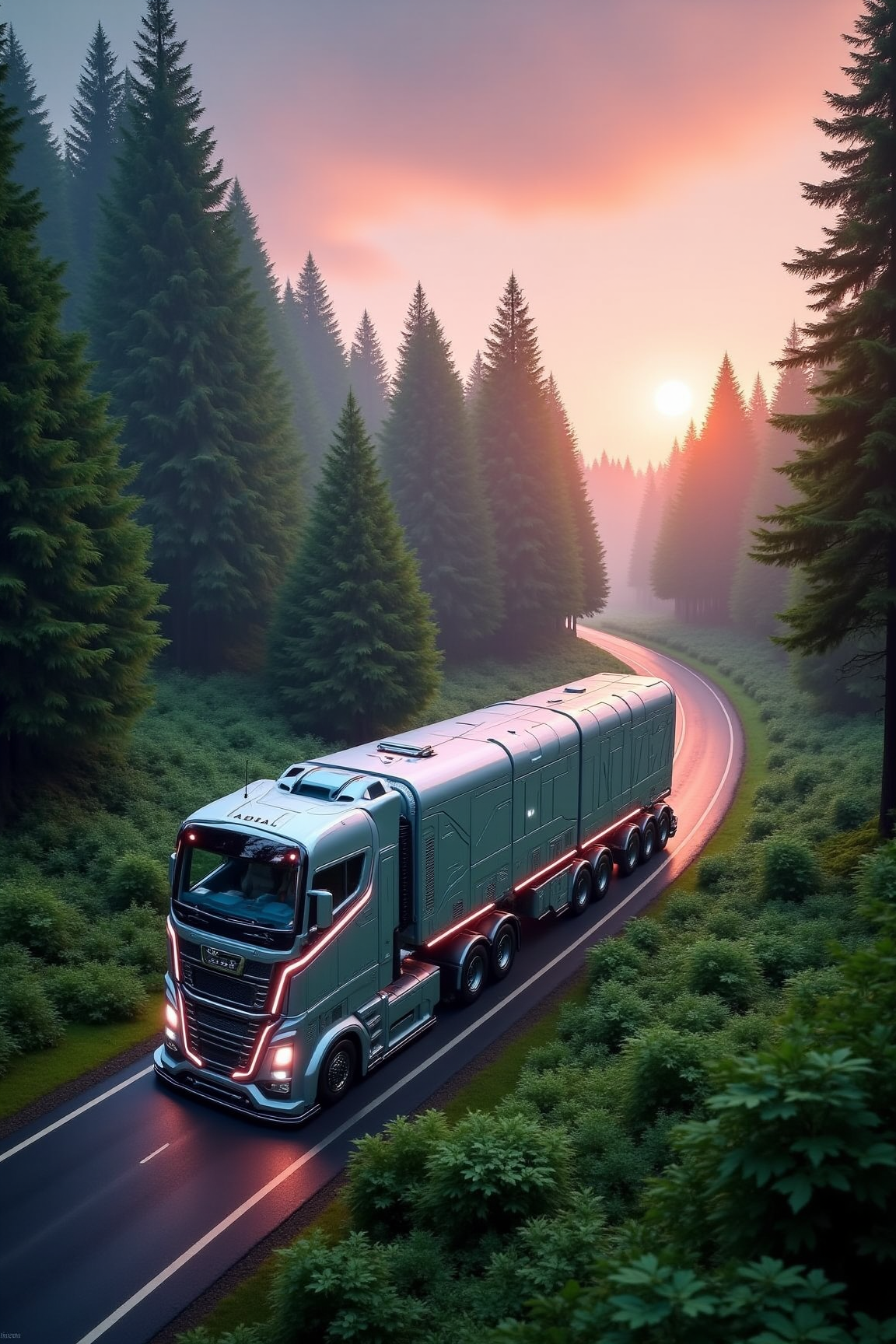 YFG-R1gs Picture an eco-friendly, hydrogen-fueled semi-truck traversing a lush forest at dawn, its fuel cells humming in harmony with the songs of awakened birds as it delivers sustainable cargo to environmentally conscious suppliers â the sky above painted pink by rising solar rays.
