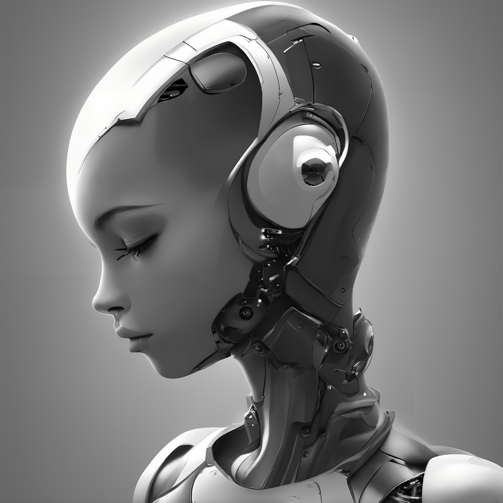 FUNDING,future,concept robot,black robot 1girl,solo,short hair,closed mouth,monochrome,greyscale,one eye closed,lips,portrait,science fiction,realistic,android,<lora:FN_WeiLai-000005:1>,