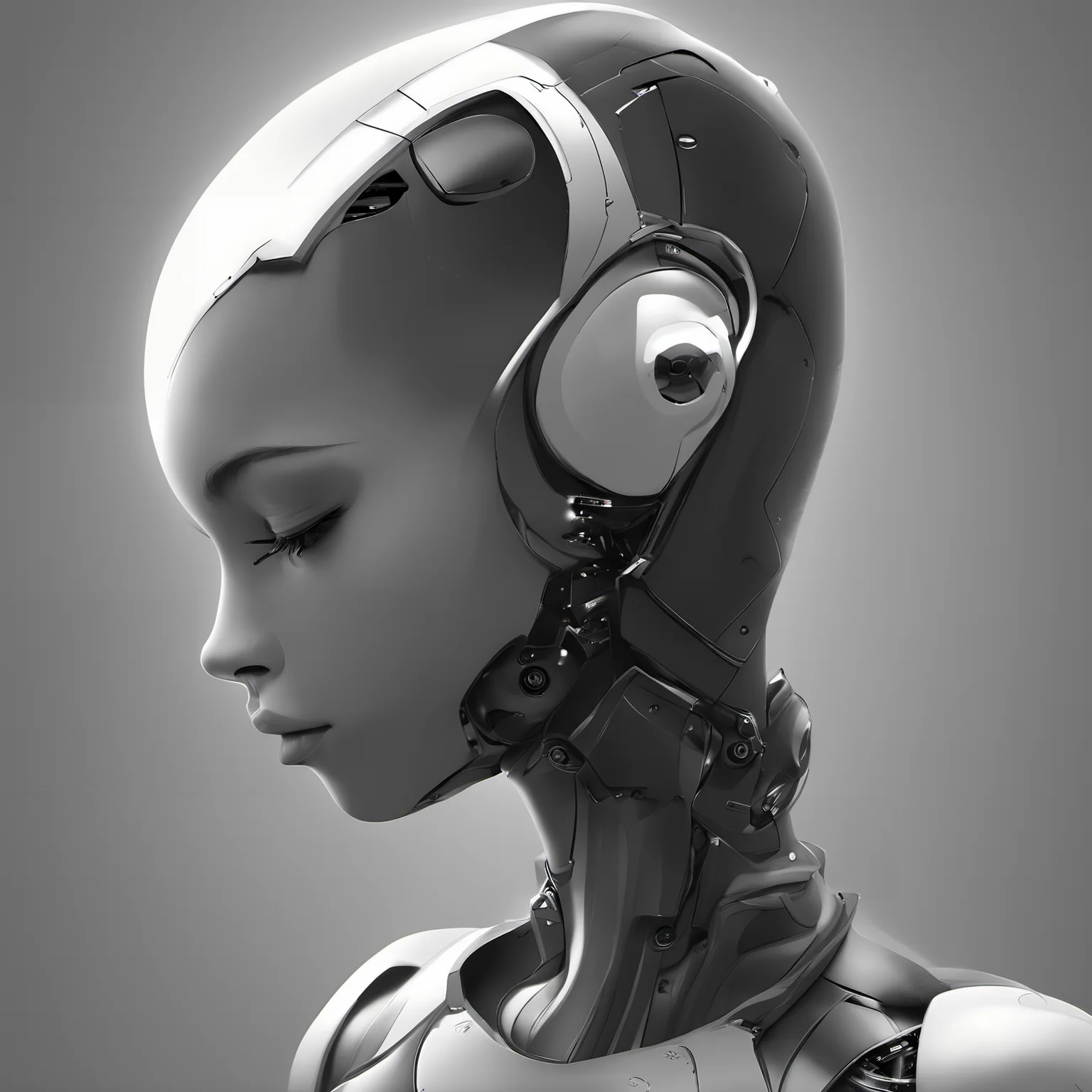 FUNDING,future,concept robot,black robot 1girl,solo,short hair,closed mouth,monochrome,greyscale,one eye closed,lips,portrait,science fiction,realistic,android,<lora:FN_WeiLai-000005:1>,