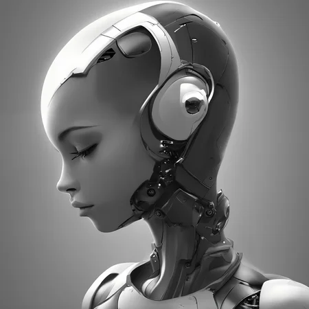 FUNDING,future,concept robot,black robot 1girl,solo,short hair,closed mouth,monochrome,greyscale,one eye closed,lips,portrait,science fiction,realistic,android,<lora:FN_WeiLai-000005:1>,
