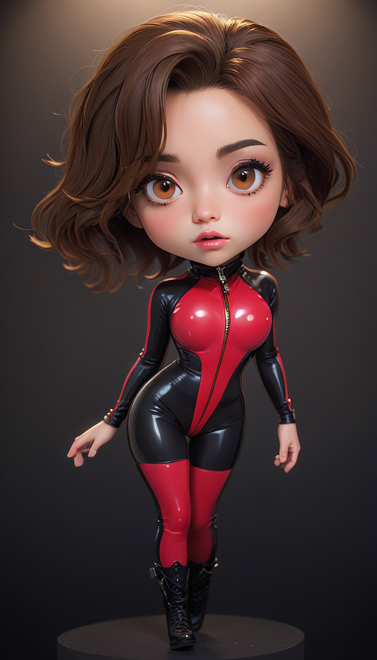 (in ARTIST style:1.7), (masterpiece:1.7), comics style,
somechibi, chibi, gorgeous character concept art of a beautiful woman leaning over, gorgeous, cute, tender beauty, breasts,
(brown hair, bodysuit, brown eyes, breasts, zipper, looking at viewer, full body, standing, Red Black Latex Catsuit, catsuit, skin texture),
cleavage, seductive, voluptuous:2, long hair, luscious lips, comic book art, rough colored sketch, (looking at the viewer), (simple background, dark background),
BREAK,
striking large eyes, aligned eyes,
(masterpiece:1.8), (highest detailed:1.8), (angle:1.8), perfectly lighted, (contrast), (saturated), (((sharp focus))), (hyperdetailed:1.3), (intricate details:1.2), (Refined details:1.3),
(best quality:1.5), highly detailed textures, vibrant colors, (finely detailed beautiful eyes and detailed face),extremely detailed CG unity 8k wallpaper, (masterpiece:1.8), (highest detailed:1.8), (angle:1.8), perfectly lighted, (contrast), (saturated), (((sharp focus))), (hyperdetailed:1.3), (intricate details:1.2), (Refined details:1.3), (best quality:1.5), highly detailed textures, vibrant colors,
(ultra sharp focus:1.8), (detailed skin:1.8), (thin lines:1.8), (best quality:1.8), <lora:glowneon_xl_v1:0.7>
<lora:SomeChibi_Chibi_Style:1>