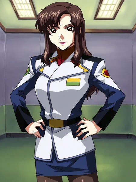 <lora:Murrue_Ramius-Gundam_SEED:1>,Murrue,1girl,brown hair,brown eyes,lipstick,long hair,military uniform,skirt,pantyhose,hands on own hips,looking at viewer,indoors,smile