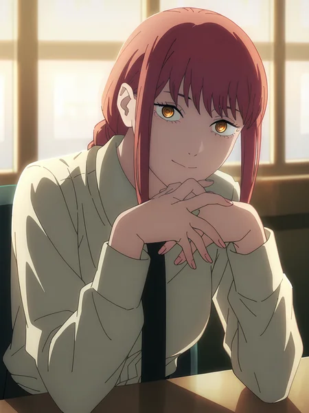 <lora:Makima:0.8>, makima (chainsaw man), 1girl, solo, yellow eyes, red hair, braided ponytail, sidelocks, shirt tucked in, black necktie, light smile, closed mouth, looking at viewer, sitting, on chair, own hands together, elbows on table, upper body, indoors, backlighting, window, day, blurry background