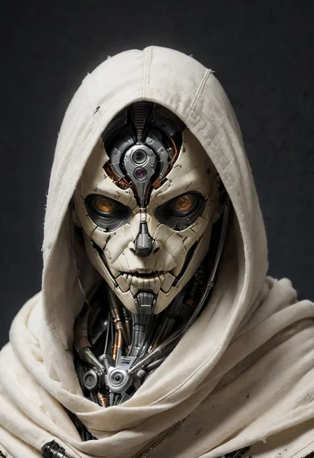 robot with hooded and Large wide linen hood Repair guitar. the scene of a used and dirty detailed sci-fi looking hooded dystopien cyborg draped in a thick dirty white linen cloak. detailed dirty used look, Its face remains concealed, and the cloak over its head is made of coarse, thick, dirty, torn and worn white linen fabric. It exudes a silent presence, as the surroundings are permeated with a blend of solitude and tender moments of affection. cables, wires, very detailed, atmospheric haze, dimmed light