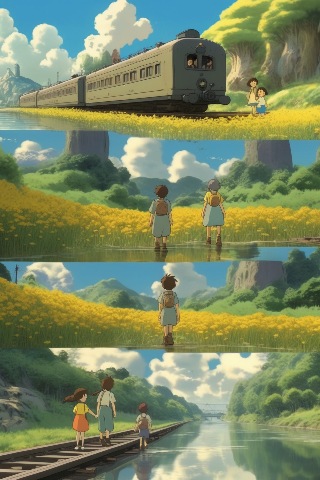 <lora:Studio Ghibli Style:1>Studio Ghibli Style - a man and a woman standing in front of a cartoon character, a storybook illustration by Studio Ghibli, cgsociety, magical realism, official art, anime, movie still The background is a picture of a train running next to a river, two sides are yellow flowers 3d 4k official art